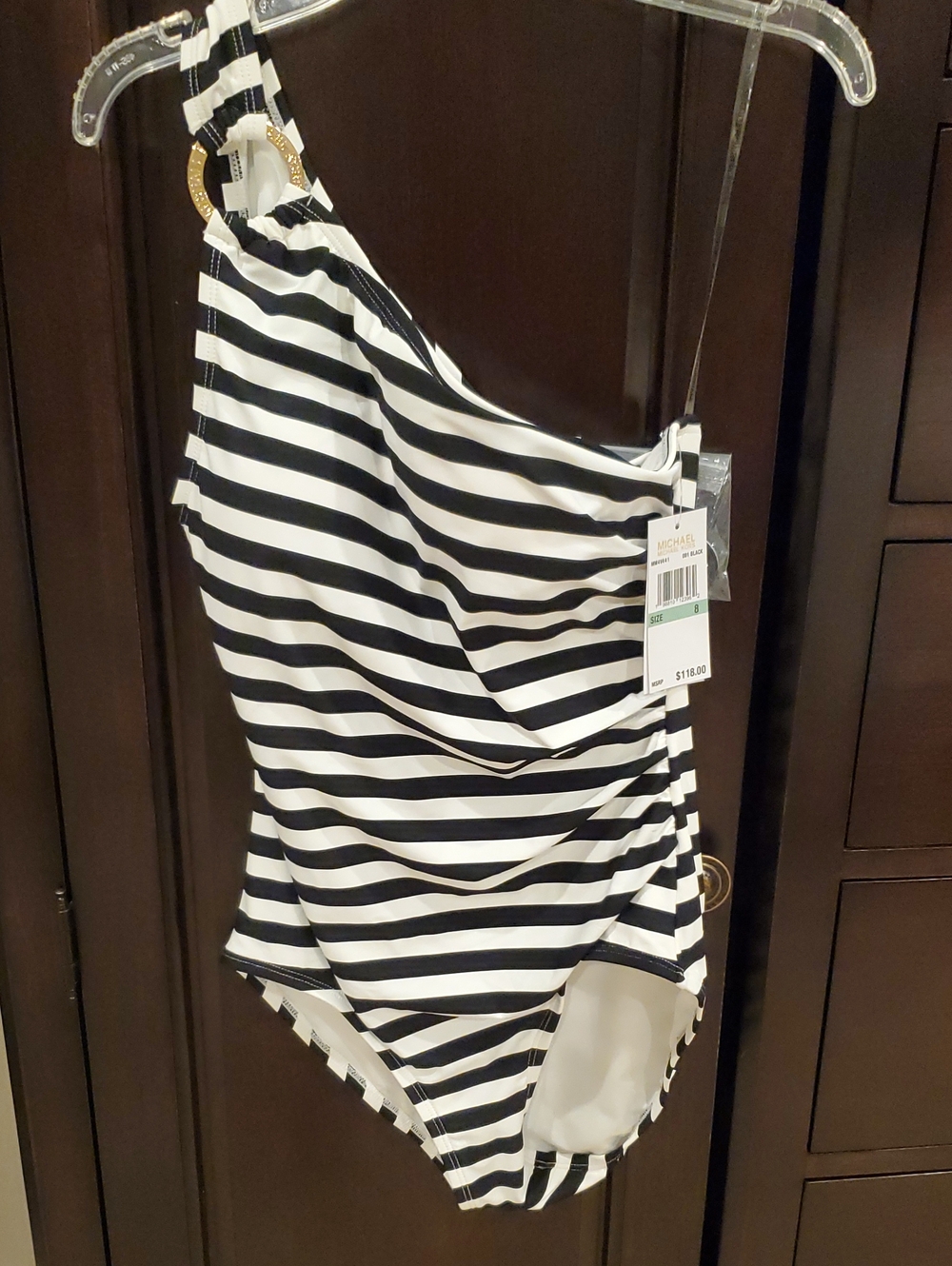 Michael Kors Black and White Striped One-Shoulder Kids Swimsuit with Gold Ring